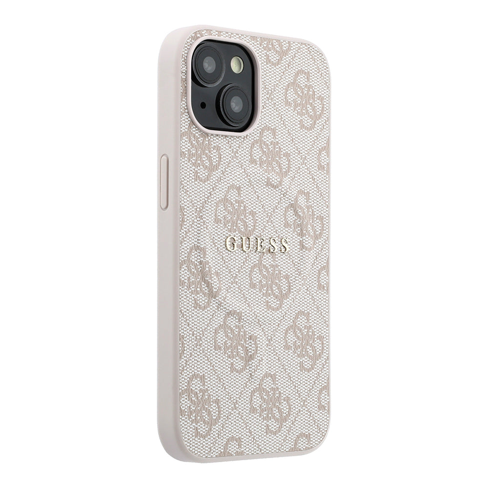 Apple iPhone 15 Kılıf Guess M-safe Kabartmalı 4G Desenli Yazı Logolu Kapak Pembe