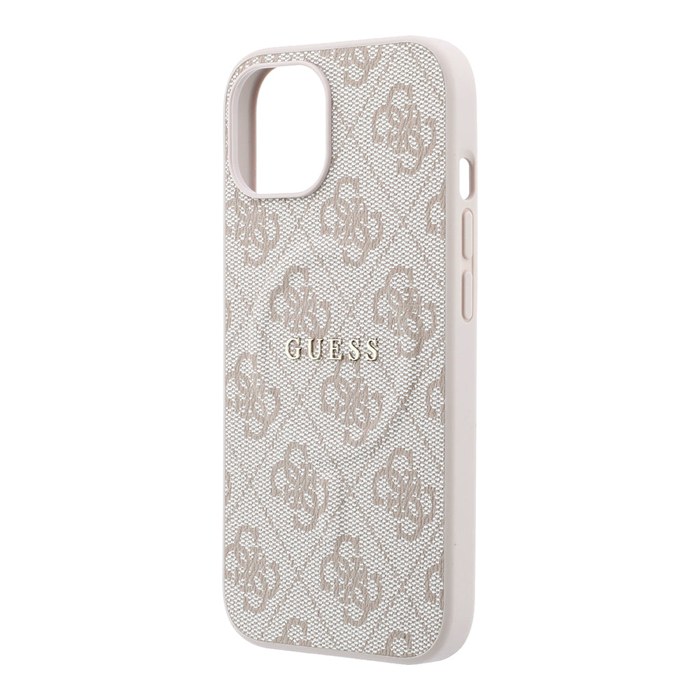Apple iPhone 15 Kılıf Guess M-safe Kabartmalı 4G Desenli Yazı Logolu Kapak Pembe