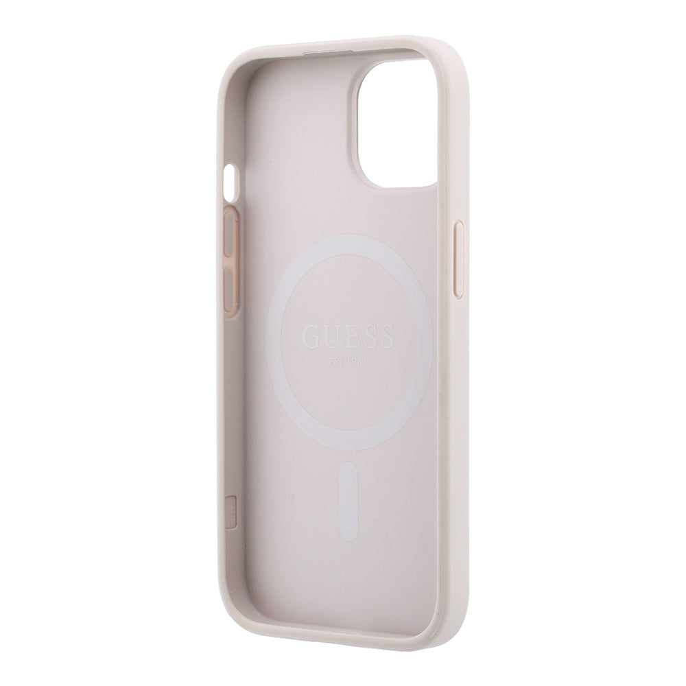 Apple iPhone 15 Kılıf Guess M-safe Kabartmalı 4G Desenli Yazı Logolu Kapak Pembe