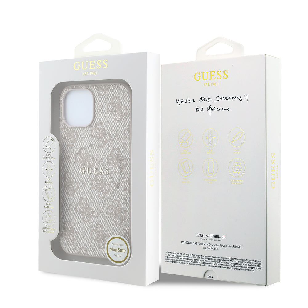 Apple iPhone 15 Kılıf Guess M-safe Kabartmalı 4G Desenli Yazı Logolu Kapak Pembe