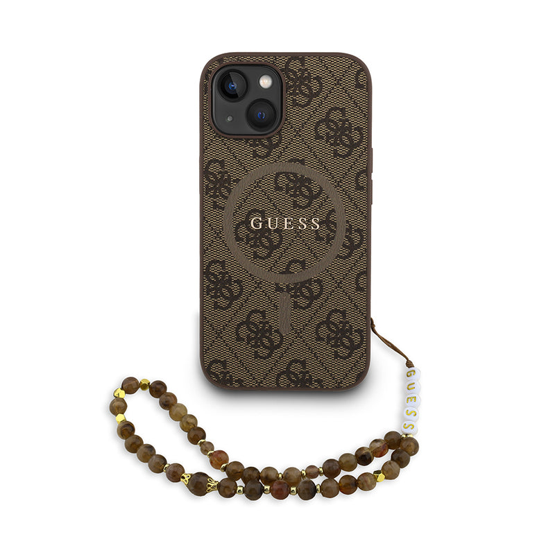 Apple iPhone 15 Kılıf Guess M-safe Şarj Özellikli Bilek Askı İpli Yazı Logolu Kapak Kahverengi