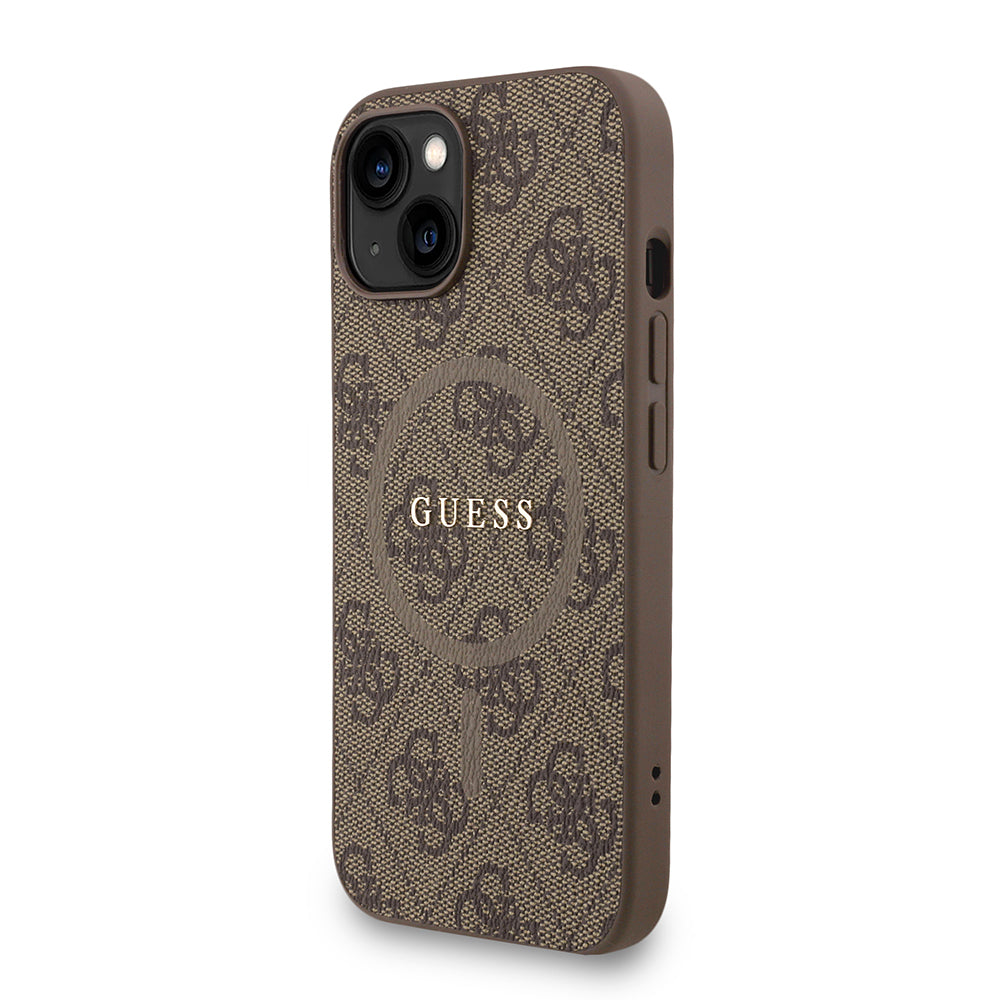 Apple iPhone 13/15 Kılıf Guess M-safe Şarj Özellikli Bilek Askı İpli Yazı Logolu Kapak Kahverengi