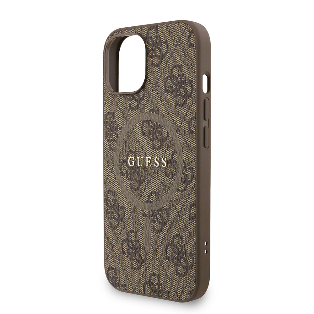 Apple iPhone 13/15 Kılıf Guess M-safe Şarj Özellikli Bilek Askı İpli Yazı Logolu Kapak Kahverengi