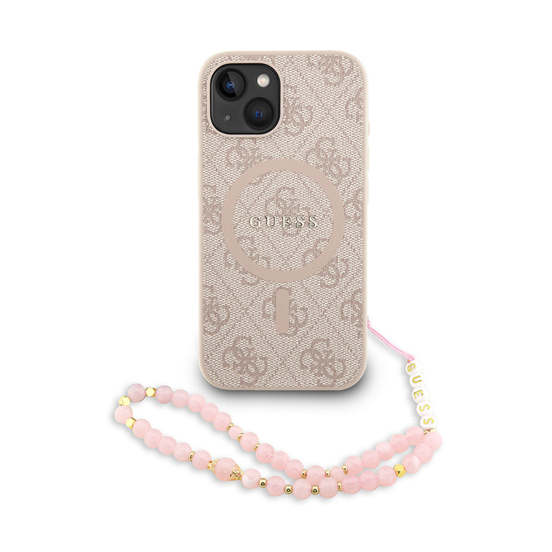 Apple iPhone 15 Kılıf Guess M-safe Şarj Özellikli Bilek Askı İpli Yazı Logolu Kapak Pembe