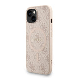 Apple iPhone 15 Kılıf Guess M-safe Şarj Özellikli Bilek Askı İpli Yazı Logolu Kapak Pembe