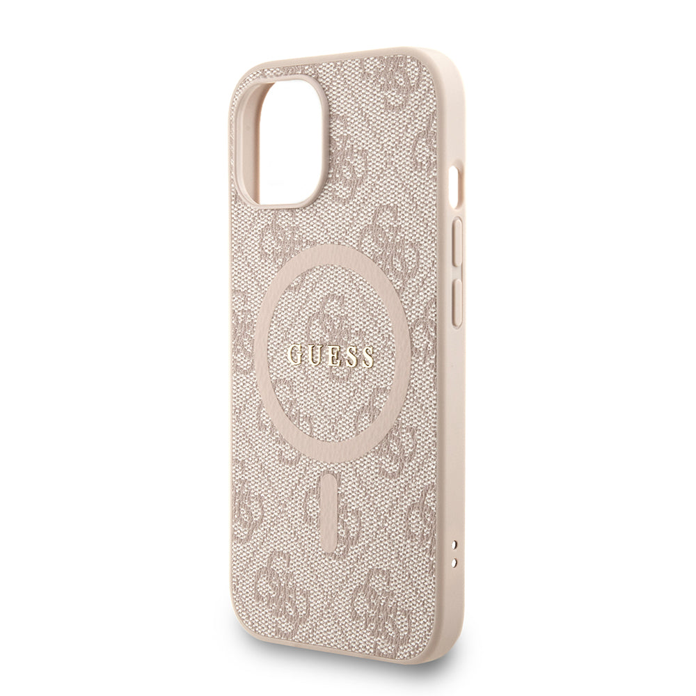 Apple iPhone 13/15 Kılıf Guess M-safe Şarj Özellikli Bilek Askı İpli Yazı Logolu Kapak Pembe