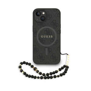 Apple iPhone 15 Kılıf Guess M-safe Şarj Özellikli Bilek Askı İpli Yazı Logolu Kapak Siyah