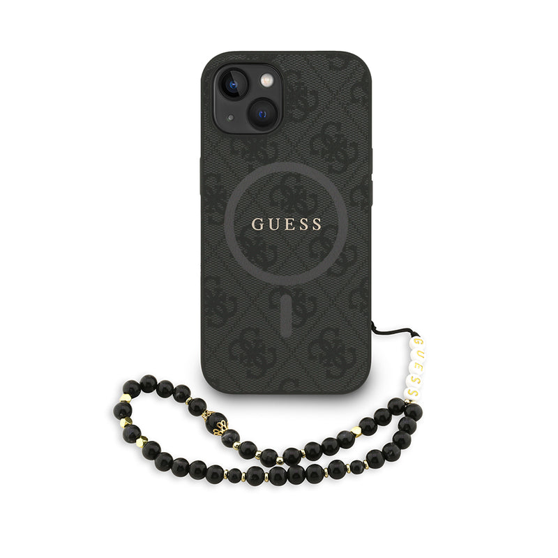 Apple iPhone 15 Kılıf Guess M-safe Şarj Özellikli Bilek Askı İpli Yazı Logolu Kapak Siyah
