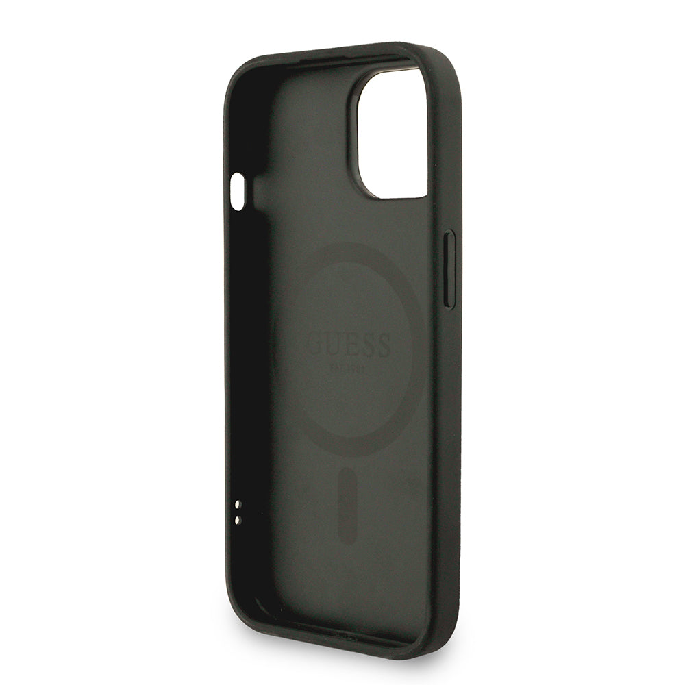 Apple iPhone 13/15 Kılıf Guess M-safe Şarj Özellikli Bilek Askı İpli Yazı Logolu Kapak Siyah