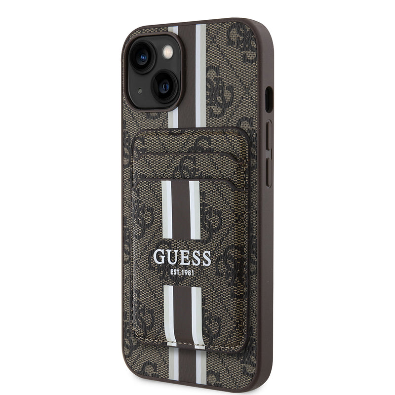 Apple iPhone 15 Kılıf Guess Magsafe Şarj Özellikli 4G Desenli Çizgili Kartlıklı Kapak Kahverengi