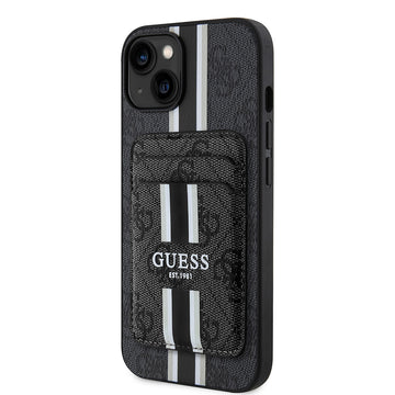 Apple iPhone 14 Kılıf Guess Magsafe Şarj Özellikli 4G Desenli Çizgili Kartlıklı Kapak Siyah