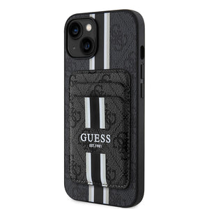 Apple iPhone 15 Kılıf Guess Magsafe Şarj Özellikli 4G Desenli Çizgili Kartlıklı Kapak Siyah