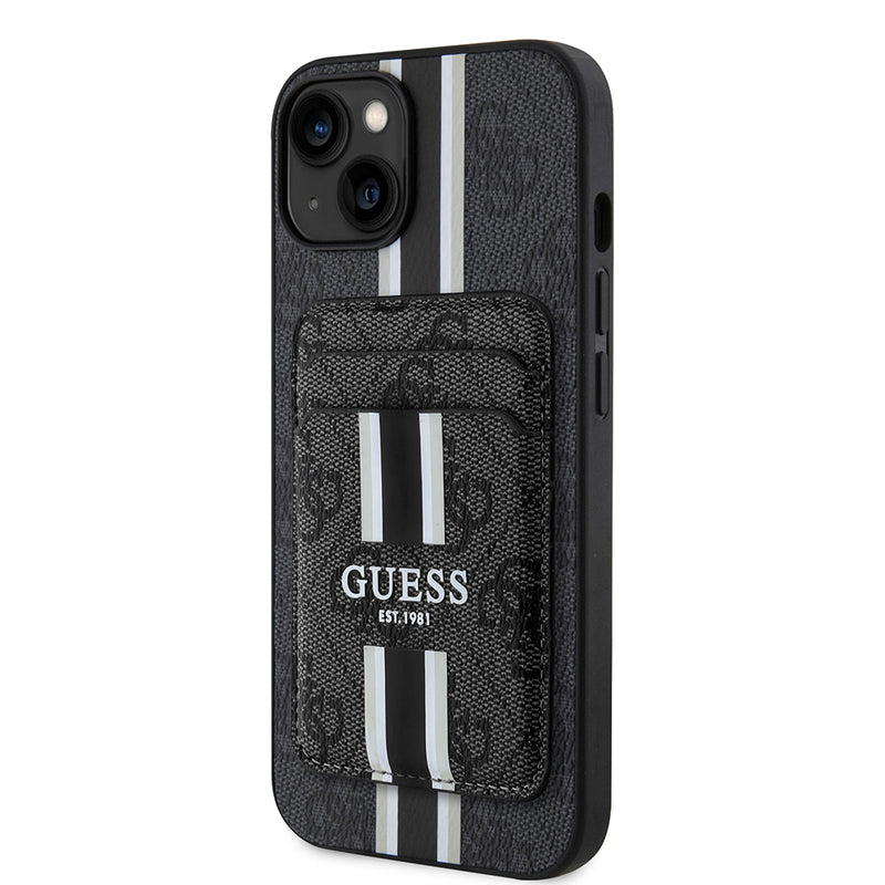 Apple iPhone 15 Kılıf Guess Magsafe Şarj Özellikli 4G Desenli Çizgili Kartlıklı Kapak Siyah