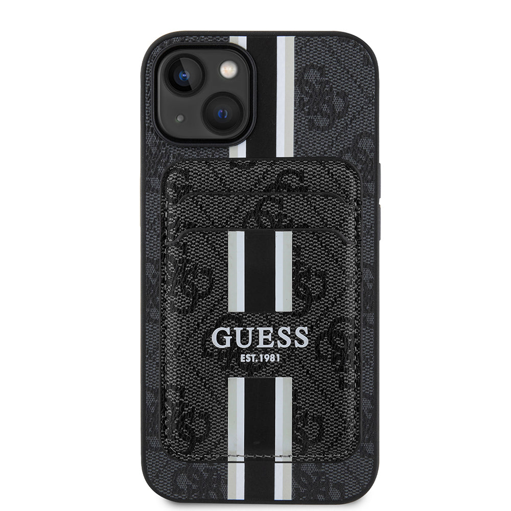 Apple iPhone 14 Kılıf Guess Magsafe Şarj Özellikli 4G Desenli Çizgili Kartlıklı Kapak Siyah