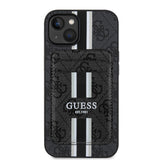 Apple iPhone 15 Kılıf Guess Magsafe Şarj Özellikli 4G Desenli Çizgili Kartlıklı Kapak Siyah