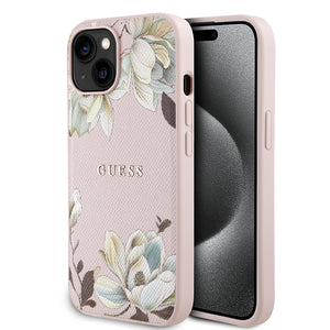 Apple iPhone 15 Kılıf Guess Magsafe Şarj Özellikli Çiçek Tasarımlı Metal Yazı Logolu Kapak Pembe