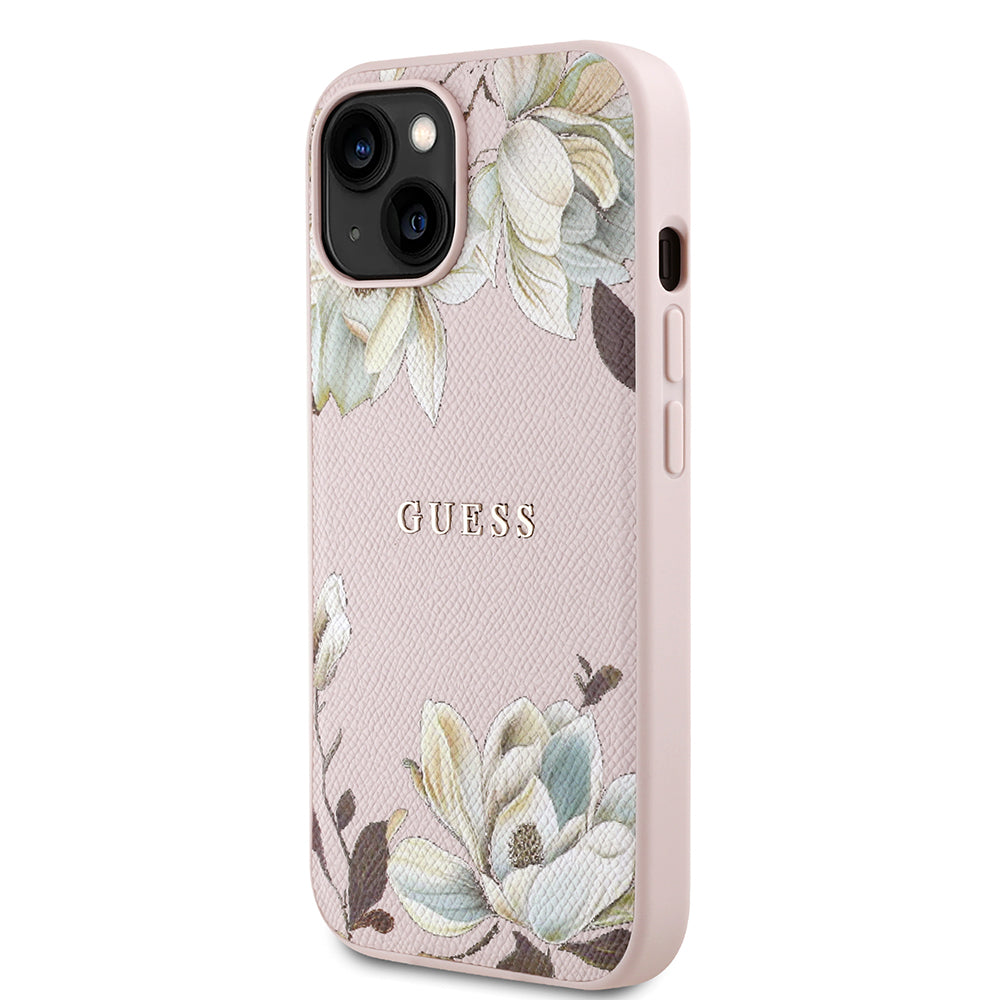 Apple iPhone 13/15 Kılıf Guess Magsafe Şarj Özellikli Çiçek Tasarımlı Metal Yazı Logolu Kapak Pembe