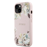 Apple iPhone 15 Kılıf Guess Magsafe Şarj Özellikli Çiçek Tasarımlı Metal Yazı Logolu Kapak Pembe