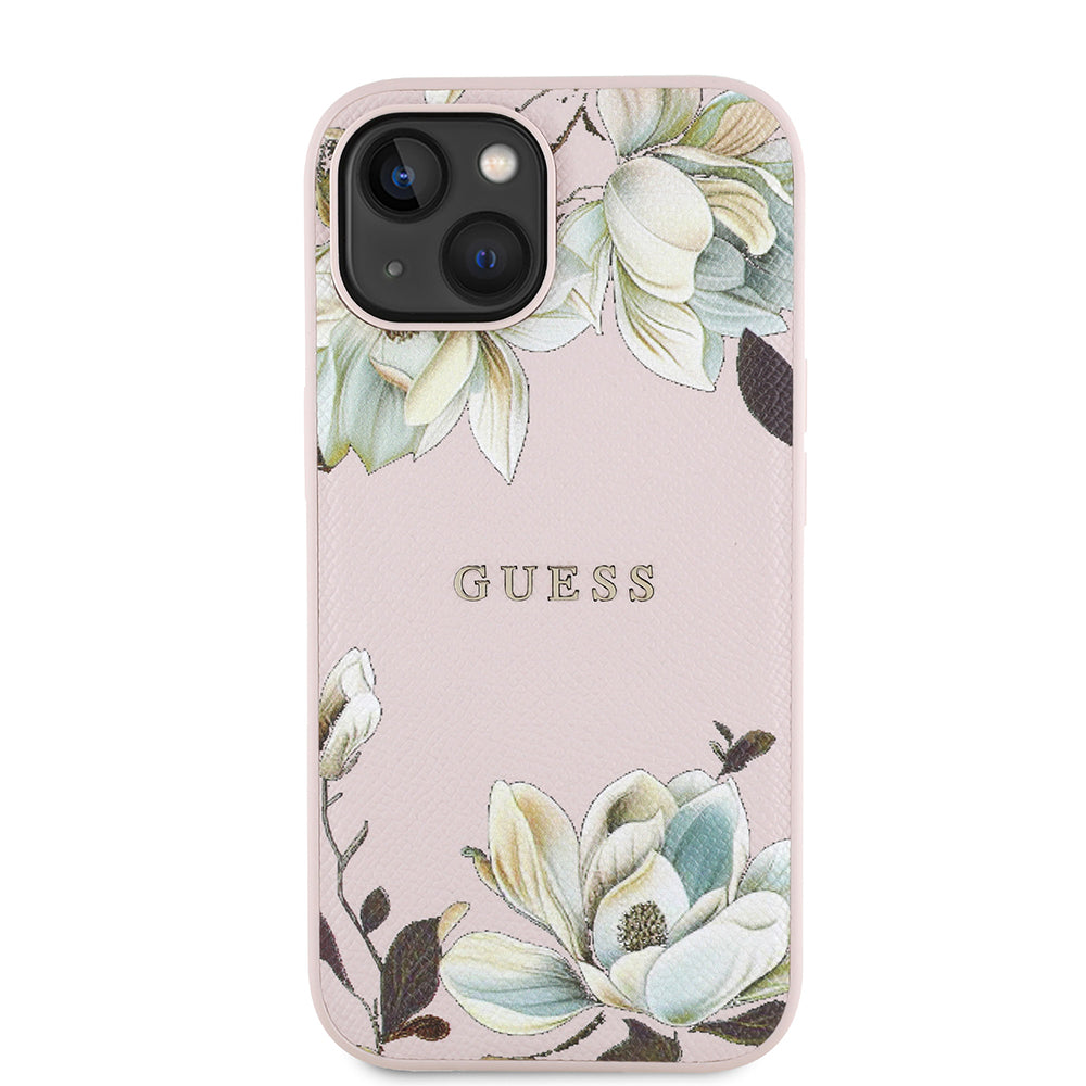 Apple iPhone 13/15 Kılıf Guess Magsafe Şarj Özellikli Çiçek Tasarımlı Metal Yazı Logolu Kapak Pembe
