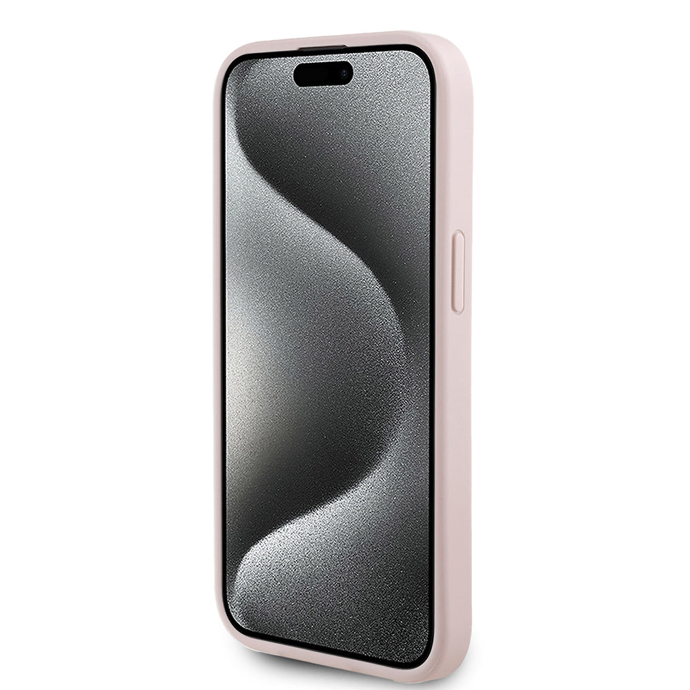 Apple iPhone 13/15 Kılıf Guess Magsafe Şarj Özellikli Çiçek Tasarımlı Metal Yazı Logolu Kapak Pembe