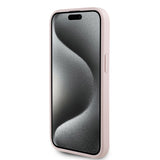 Apple iPhone 15 Kılıf Guess Magsafe Şarj Özellikli Çiçek Tasarımlı Metal Yazı Logolu Kapak Pembe