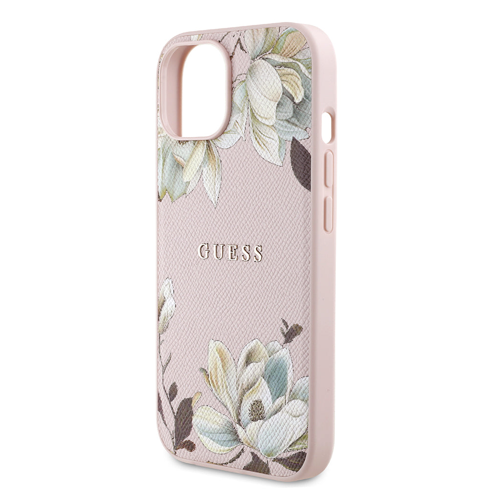 Apple iPhone 13/15 Kılıf Guess Magsafe Şarj Özellikli Çiçek Tasarımlı Metal Yazı Logolu Kapak Pembe