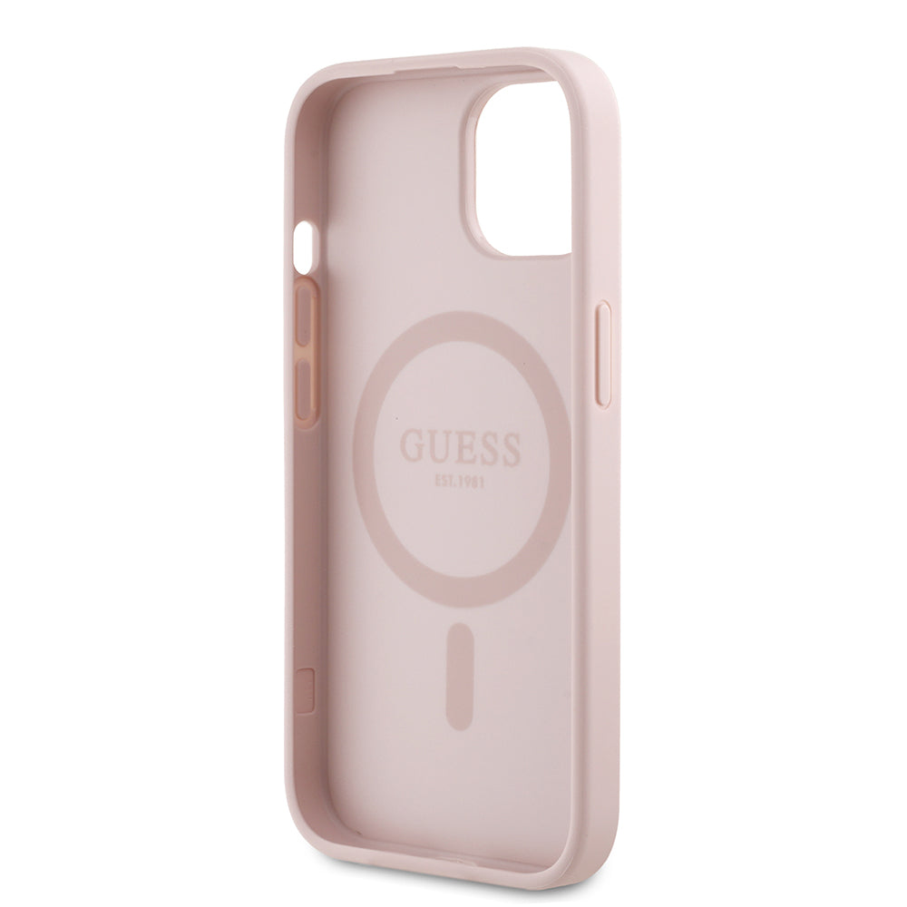 Apple iPhone 13/15 Kılıf Guess Magsafe Şarj Özellikli Çiçek Tasarımlı Metal Yazı Logolu Kapak Pembe