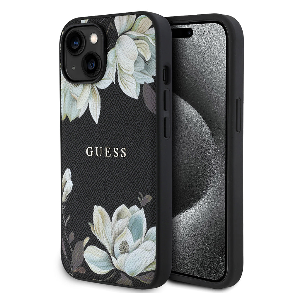 Apple iPhone 13/15 Kılıf Guess Magsafe Şarj Özellikli Çiçek Tasarımlı Metal Yazı Logolu Kapak Siyah