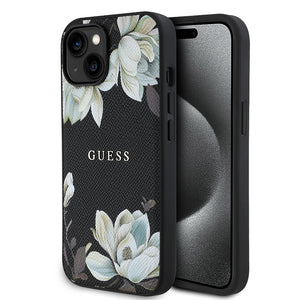 Apple iPhone 15 Kılıf Guess Magsafe Şarj Özellikli Çiçek Tasarımlı Metal Yazı Logolu Kapak Siyah
