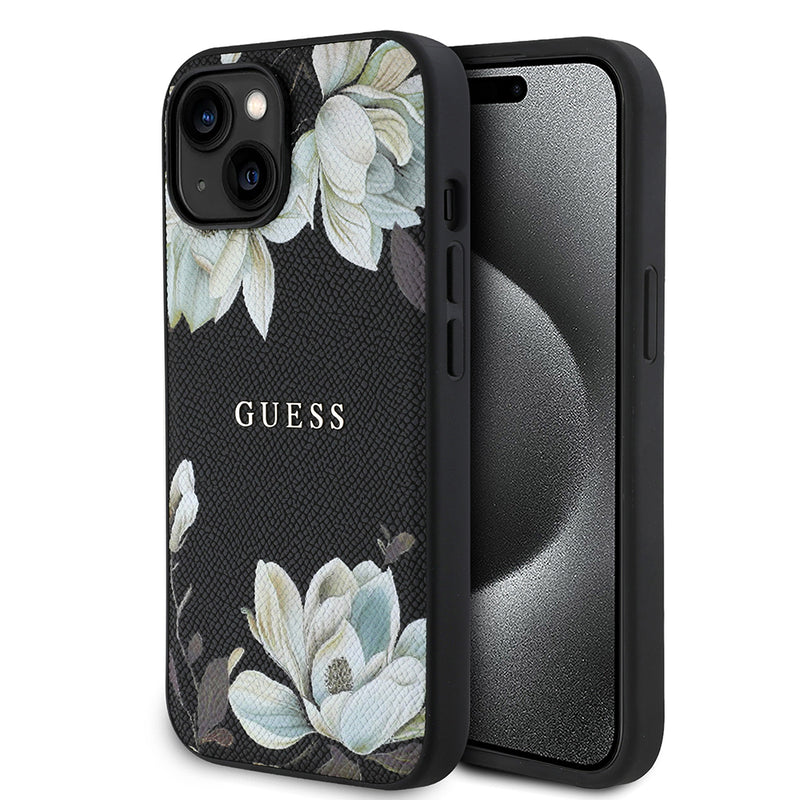 Apple iPhone 15 Kılıf Guess Magsafe Şarj Özellikli Çiçek Tasarımlı Metal Yazı Logolu Kapak Siyah