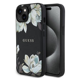 Apple iPhone 15 Kılıf Guess Magsafe Şarj Özellikli Çiçek Tasarımlı Metal Yazı Logolu Kapak Siyah