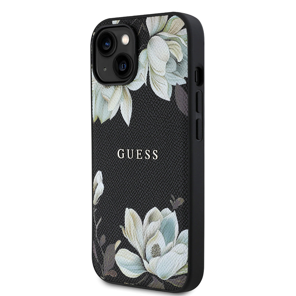 Apple iPhone 13/15 Kılıf Guess Magsafe Şarj Özellikli Çiçek Tasarımlı Metal Yazı Logolu Kapak Siyah