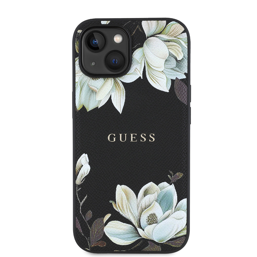 Apple iPhone 13/15 Kılıf Guess Magsafe Şarj Özellikli Çiçek Tasarımlı Metal Yazı Logolu Kapak Siyah