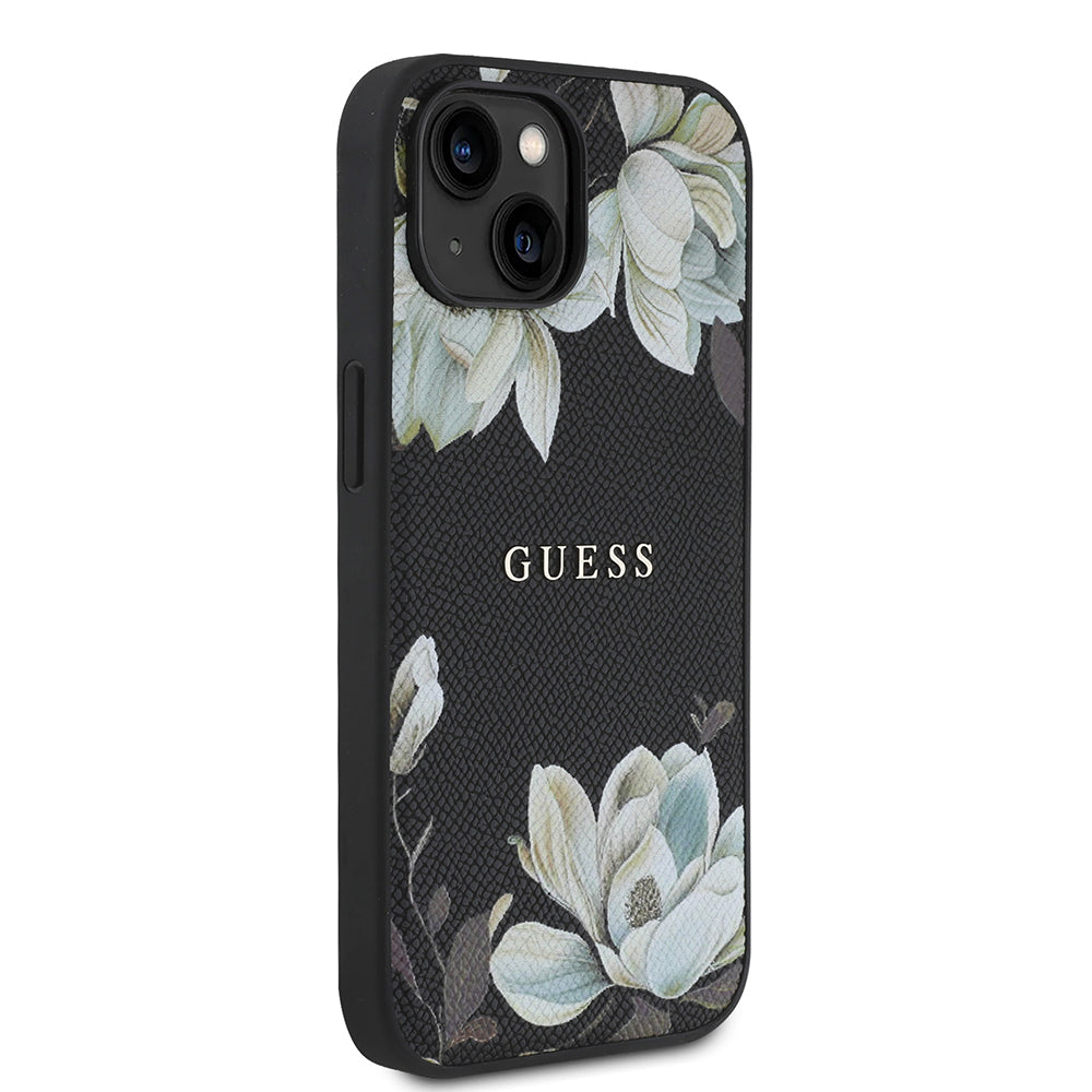 Apple iPhone 13/15 Kılıf Guess Magsafe Şarj Özellikli Çiçek Tasarımlı Metal Yazı Logolu Kapak Siyah