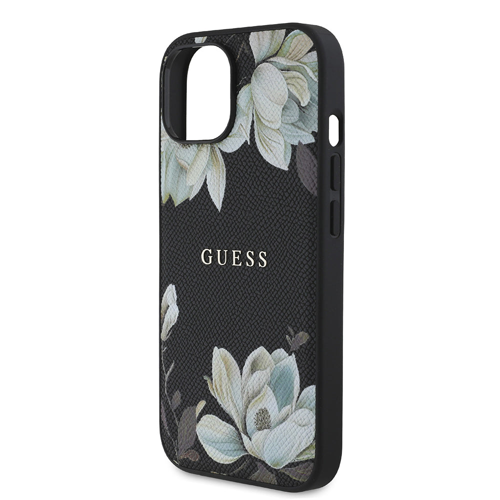 Apple iPhone 13/15 Kılıf Guess Magsafe Şarj Özellikli Çiçek Tasarımlı Metal Yazı Logolu Kapak Siyah