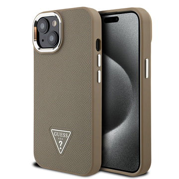 Apple iPhone 13/15 Kılıf Guess Magsafe Şarj Özellikli Grained Triangle Kapak Kahverengi