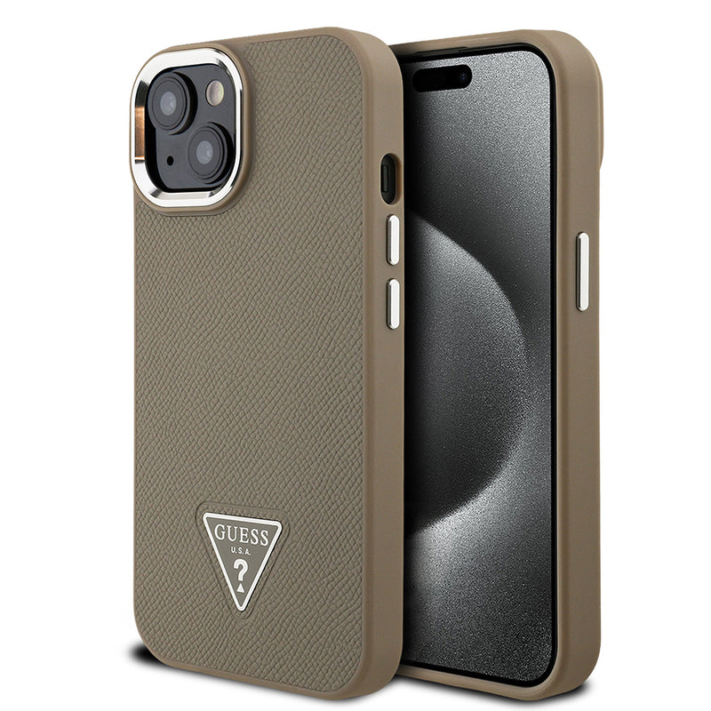 Apple iPhone 14 Kılıf Guess Magsafe Şarj Özellikli Grained Triangle Kapak Kahverengi