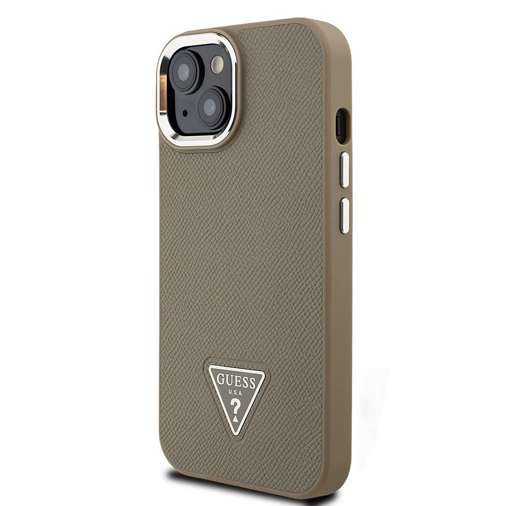 Apple iPhone 13/15 Kılıf Guess Magsafe Şarj Özellikli Grained Triangle Kapak Kahverengi