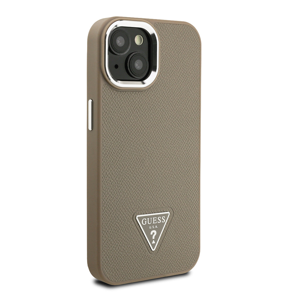 Apple iPhone 13/15 Kılıf Guess Magsafe Şarj Özellikli Grained Triangle Kapak Kahverengi
