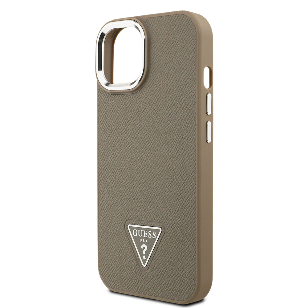 Apple iPhone 13/15 Kılıf Guess Magsafe Şarj Özellikli Grained Triangle Kapak Kahverengi