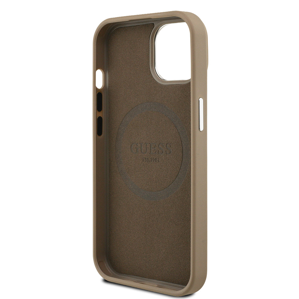 Apple iPhone 13/15 Kılıf Guess Magsafe Şarj Özellikli Grained Triangle Kapak Kahverengi