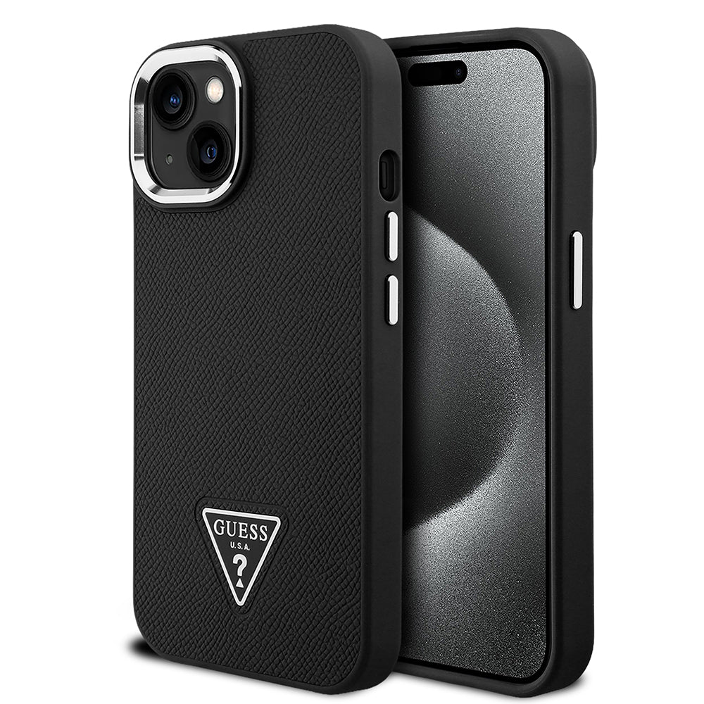 Apple iPhone 14 Kılıf Guess Magsafe Şarj Özellikli Grained Triangle Kapak Siyah