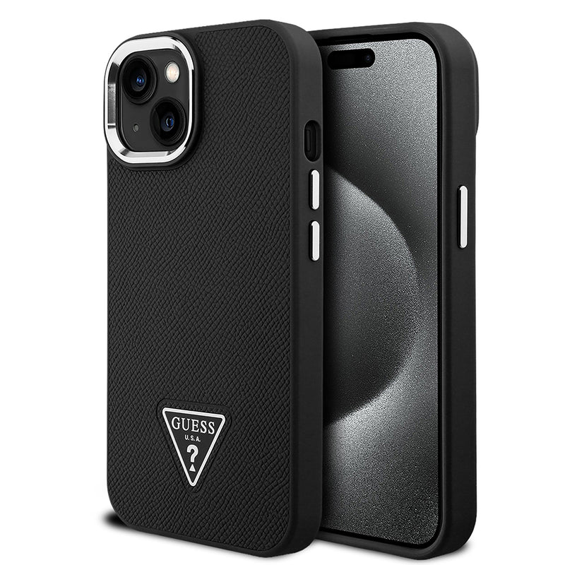 Apple iPhone 14 Kılıf Guess Magsafe Şarj Özellikli Grained Triangle Kapak Siyah