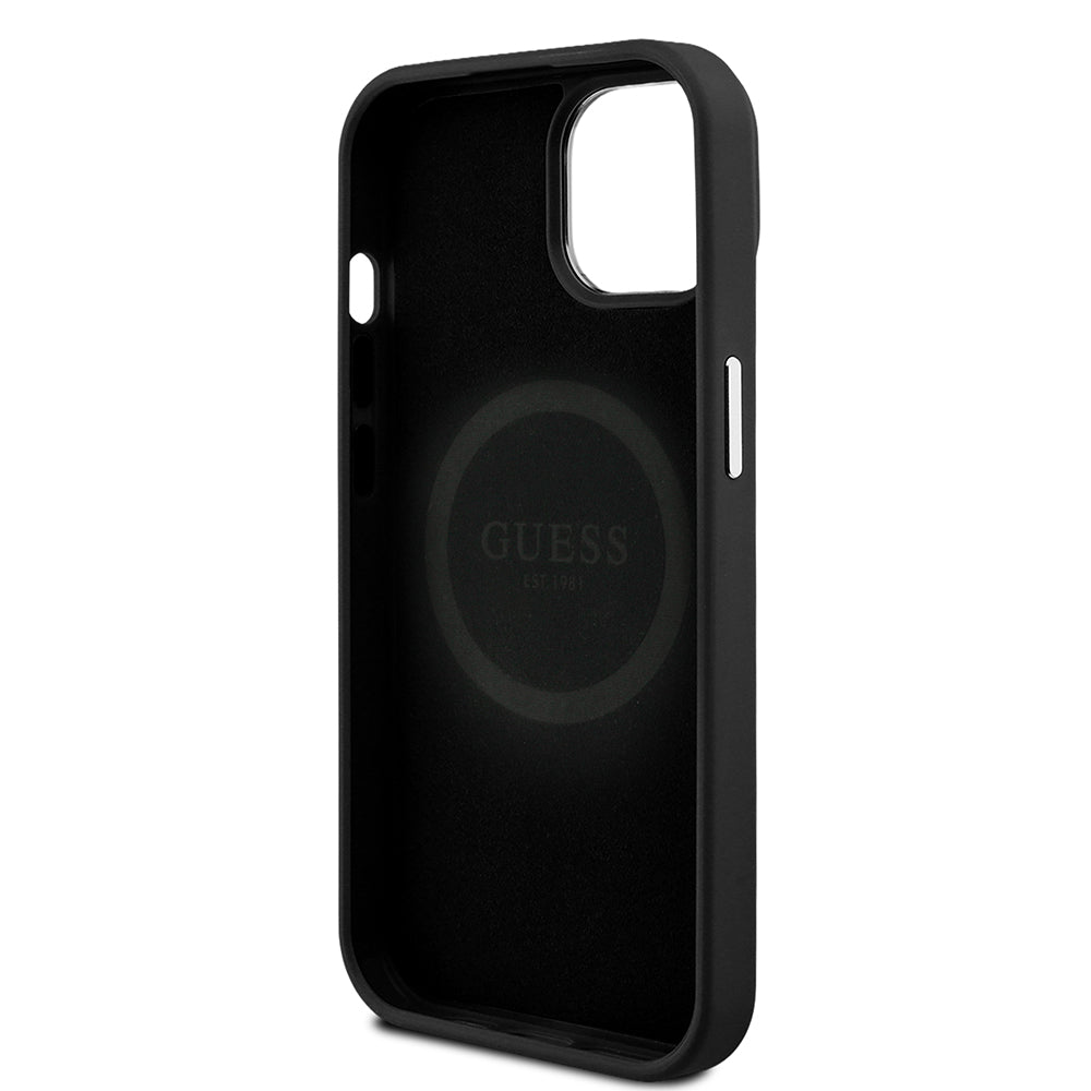Apple iPhone 14 Kılıf Guess Magsafe Şarj Özellikli Grained Triangle Kapak Siyah