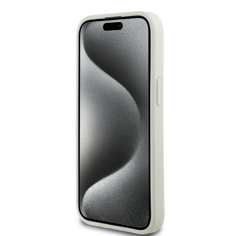 Apple iPhone 13/15 Kılıf Guess Magsafe Şarj Özellikli Üçgen Logolu PU Deri Peony Kapak Bej
