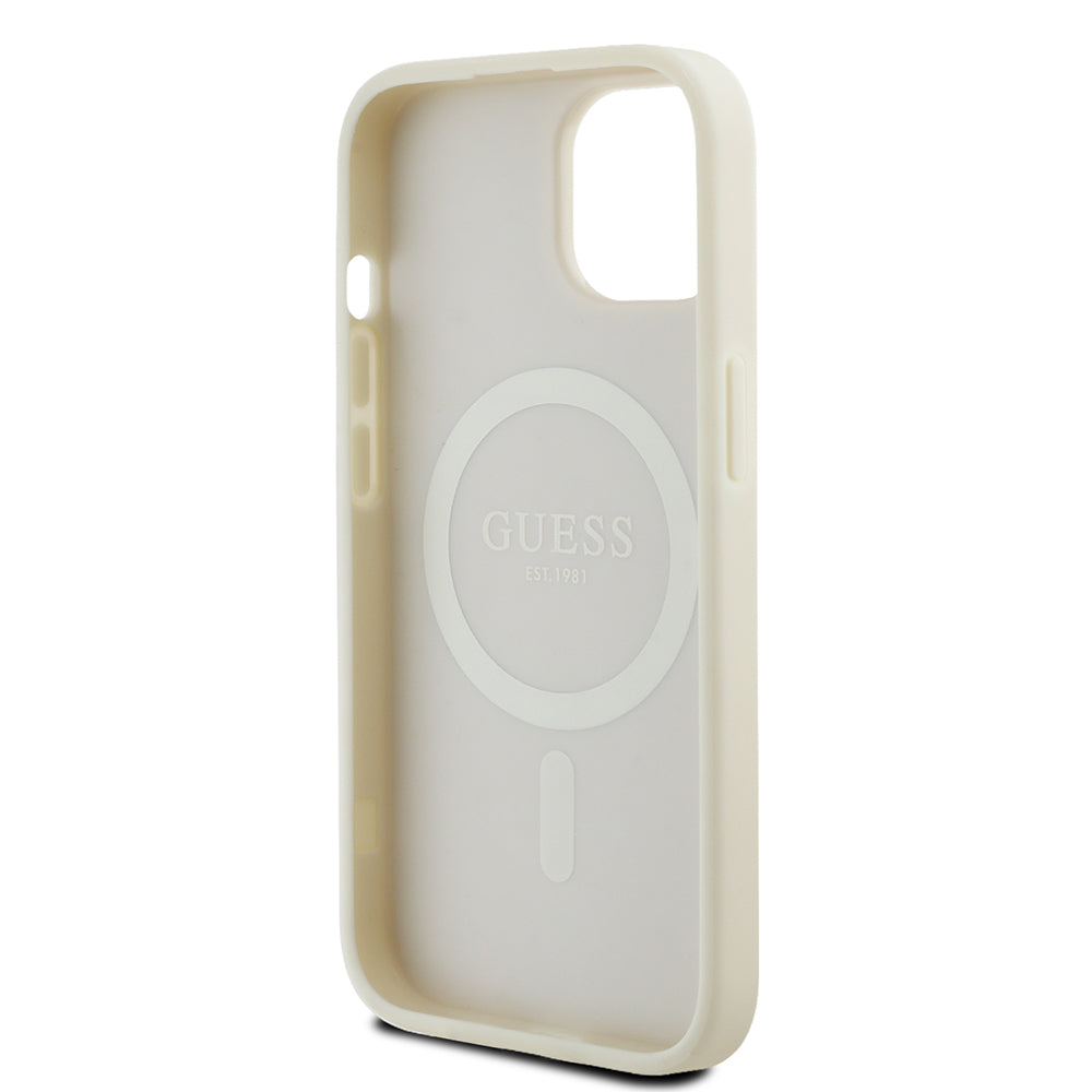 Apple iPhone 13/15 Kılıf Guess Magsafe Şarj Özellikli Üçgen Logolu PU Deri Peony Kapak Bej