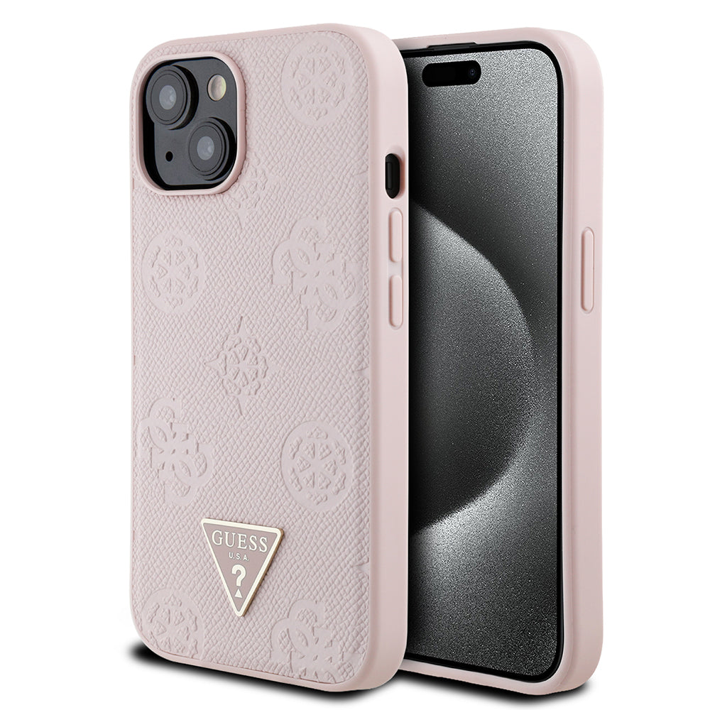 Apple iPhone 13/15 Kılıf Guess Magsafe Şarj Özellikli Üçgen Logolu PU Deri Peony Kapak Pembe