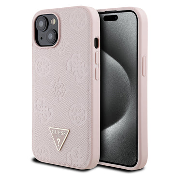 Apple iPhone 13/15 Kılıf Guess Magsafe Şarj Özellikli Üçgen Logolu PU Deri Peony Kapak Pembe