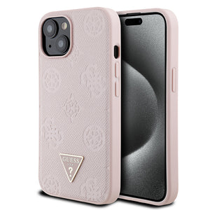 Apple iPhone 15 Kılıf Guess Magsafe Şarj Özellikli Üçgen Logolu PU Deri Peony Kapak Pembe