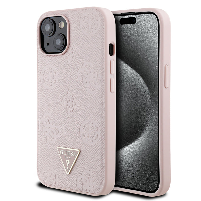 Apple iPhone 15 Kılıf Guess Magsafe Şarj Özellikli Üçgen Logolu PU Deri Peony Kapak Pembe